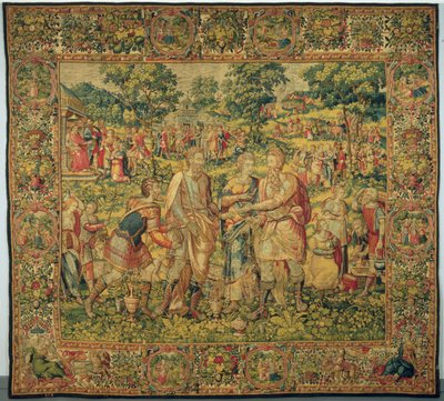亚比米勒国王将莎拉归还给她的丈夫，亚伯拉罕，1580年（挂毯编织，羊毛和丝绸） 作者 弗朗斯·盖布尔斯