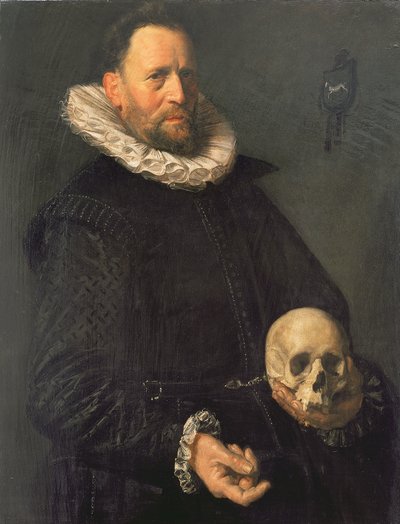 持有头骨的男子肖像，c.1611-12（面板） 作者 Frans Hals
