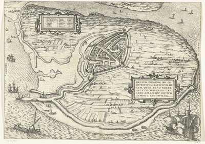 沃恩岛地图和布里尔地图，1572 年
Brilium, Holandiae opp. ob intestinum batavicum bellum, quod anno partae salutis M.D.LXXII. calend aprilis, hîc initium sumpsit, famosum（物体上的标题） 作者 弗兰斯·霍根伯格