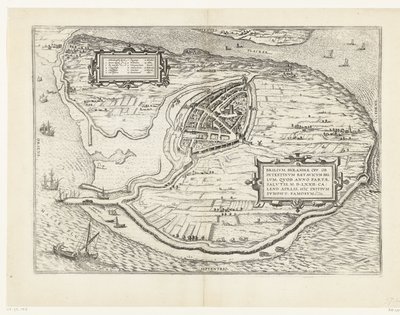 沃恩岛地图和布里尔地图，1572 年
Brilium, Holandiae opp. ob intestinum batavicum bellum, quod anno partae salutis M.D.LXXII. calend aprilis, hîc initium sumpsit, famosum（物体上的标题） 作者 弗兰斯·霍根伯格