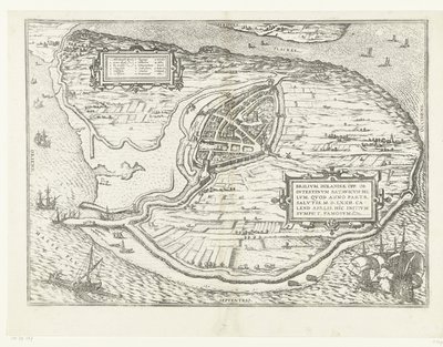 沃恩岛地图和布里尔地图，1572 年
Brilium, Holandiae opp. ob intestinum batavicum bellum, quod anno partae salutis M.D.LXXII. calend aprilis, hîc initium sumpsit, famosum（物体上的标题） 作者 弗兰斯·霍根伯格