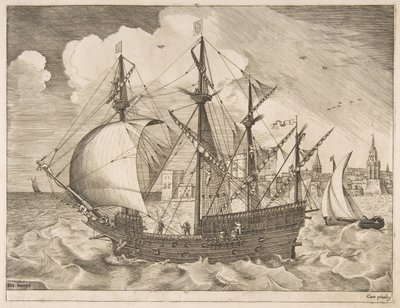 武装四船长从帆船驶向海上，ca。 1555-56。 作者 弗朗斯·休斯