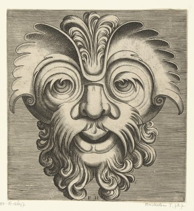 带胡须和小胡子的卷发面具，鼻根上有一撮卷发
Pourtraicture ingenieuse de plusieurs facons de masques...（系列名称） 作者 科内利斯·弗洛里斯 (II)