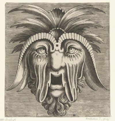 张开无牙的嘴，脸颊凹陷，头上有纹饰的面具
Pourtraicture ingenieuse de plusieurs facons de masques...（系列名称） 作者 科内利斯·弗洛里斯 (II)
