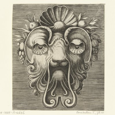 额头上有扇形眼睛和果穗间贝壳的面具
Pourtraicture ingenieuse de plusieurs facons de masques...（系列名称） 作者 科内利斯·弗洛里斯 (II)