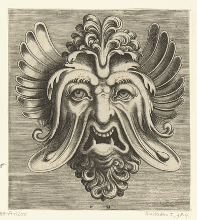 脸颊下垂、下牙两颗尖、鼻根处有一簇卷发的面具 Pourtraicture ingenieuse de plusieurs facons de masques…（系列标题） 作者 科内利斯·弗洛里斯 (II)