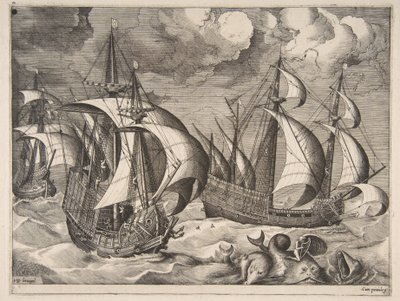 1561-65年，在一只升起的鼠中的三只长尾小车与Arion航行中的海豚。 作者 弗朗斯·休斯
