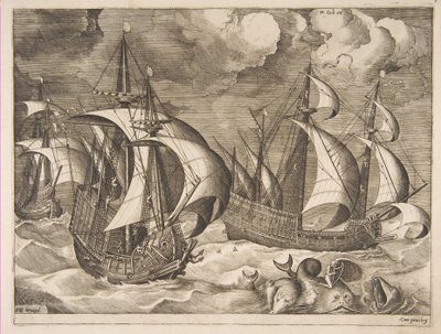 1561-65年，在一只升起的鼠中的三只长尾小车与Arion航行中的海豚。 作者 弗朗斯·休斯