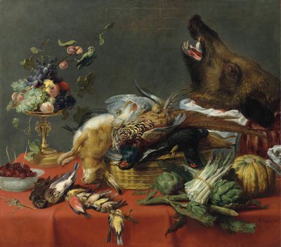 布满野味、水果、蔬菜和野猪头的餐桌 作者 弗兰斯·斯奈德斯（Frans Snyders）