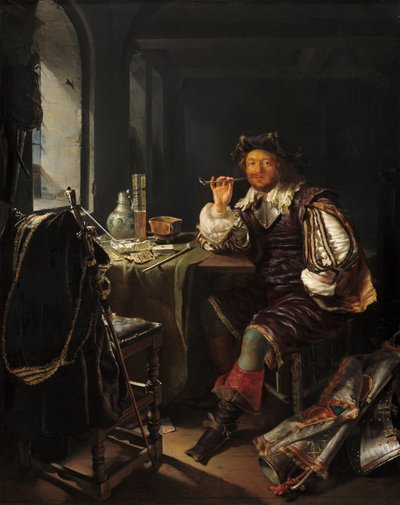 抽烟的士兵，约16571658。 作者 Frans van Mieris