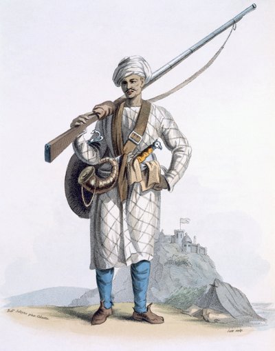 来自E. Orme的“印度服饰”，1804年（彩色蚀刻）的Behaleea或印度士兵 作者 弗朗兹·巴尔萨扎（Franz Balthazar）Solvyns