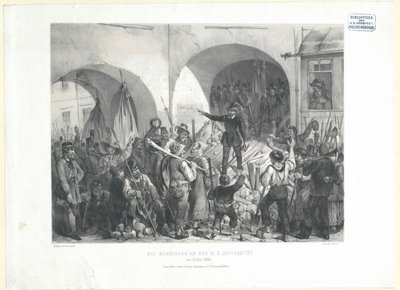 K. K. 大学街垒，1848 年 5 月 26 日（石版画1848 年 5 月（石版画） 作者 弗朗兹·格拉施（Franz Gerasch）