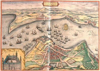 Helsingor, Denmark - Helsingborg, Sweden (engraving 作者 弗朗兹·霍根伯格