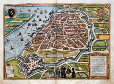 安特卫普地图，来自 "Civitates orbis terrarum"（彩色雕版）。 作者 弗朗兹·霍根伯格