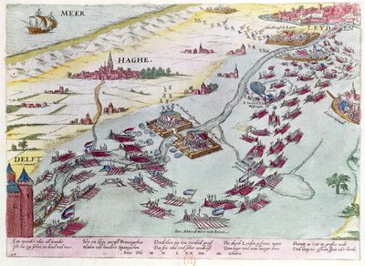 1573年在海边乞丐与西班牙人之间的海牙海军海军作战（彩色雕刻） 作者 弗朗兹·霍根伯格
