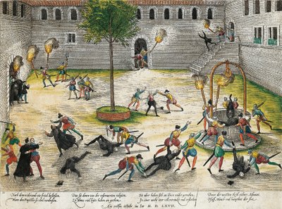 改革派对尼姆教会人士的报复，1567年10月，弗朗茨-霍根伯格（1535-1590）的雕刻，宗教战争，法国 作者 弗朗兹·霍根伯格