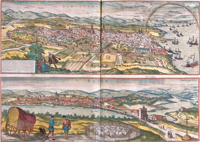 西班牙巴塞罗那和 Ecija (Eciia) 的景色（蚀刻 作者 弗朗兹·霍根伯格