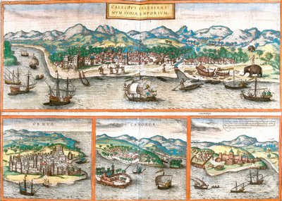 Kozhikode 或 Calicut (Calichut)（印度）、Ormuz（Ormus）（伊朗）、Cannanore 或 Kannur（Canonor）（印度）和矿山圣乔治（S. Georgii）或 Elmina（加纳）的景色 作者 弗朗兹·霍根伯格