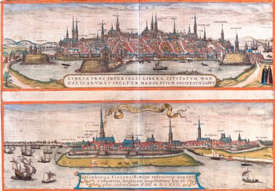 德国吕贝克 (Lubeca) 和汉堡 (Hamburga) 的景色（蚀刻 作者 弗朗兹·霍根伯格