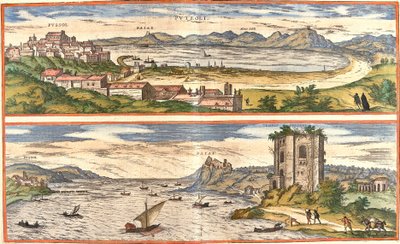 意大利波佐利 (Puteoli) 和海湾 (Baiae)（今巴亚）的景色，拥有那不勒斯湾温泉浴场的古老遗迹和堡垒（蚀刻 作者 弗朗兹·霍根伯格