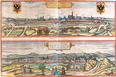 维也纳 (Vienna)、奥地利和布达佩斯 (Buda)、匈牙利 (蚀刻 作者 弗朗兹·霍根伯格