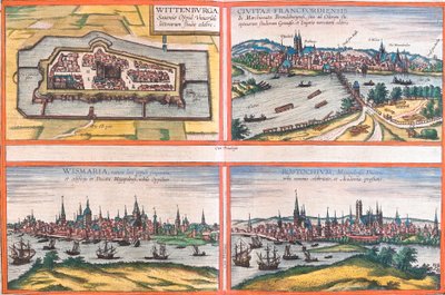 Views of Wittenburg (Wittenburga), Frankfurt (Francfordiensis), Wismar (Wismaria) and Rostock (Rostochium), Germany (etching 作者 弗朗兹·霍根伯格
