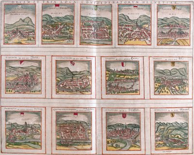 瑞士联邦主要城市景观：施维茨（Svicia）、楚格（Tugium）、格拉里斯（Glarona）、贝尔（Basilea）、苏黎世（Tugurum）、伯尔尼（Ursina）、卢塞恩（Lucerna）、乌里（Ursella）、 弗里堡 (Frigurgum)、索洛图恩 (Soloturensis)、沙夫豪森 (Schapel) 作者 弗朗兹·霍根伯格