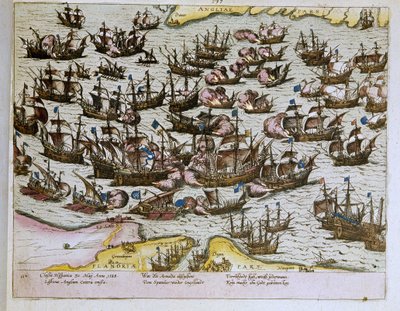 1588 年 8 月 8 日英国海岸击败无敌的西班牙无敌舰队，1653 年的插图（雕刻） 作者 弗朗兹·霍根伯格