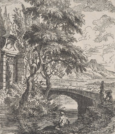 图版7：右边的两个人物正要穿过一座石桥，一个渔夫在为......，约1700-25。 作者 弗朗茨·约阿希姆·贝奇