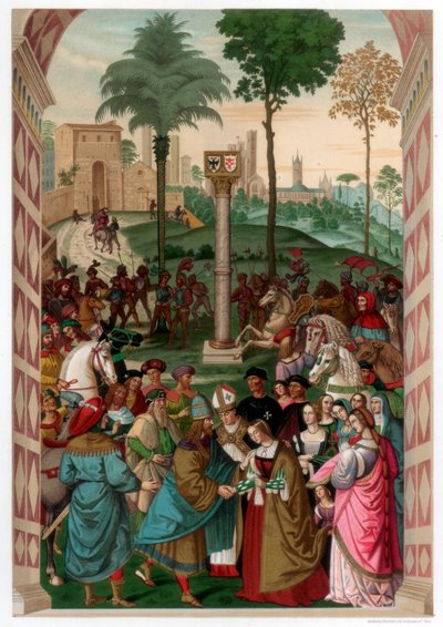 埃涅阿斯·皮克罗米尼（Aeneas Piccolomini）将葡萄牙的埃莱奥诺拉介绍给腓特烈三世（Frederick III），1502-1508，1870年 作者 Franz Kellerhoven