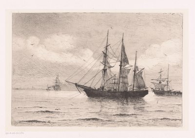 三桅帆船和其他船只的海景画 作者 弗朗茨·迈克