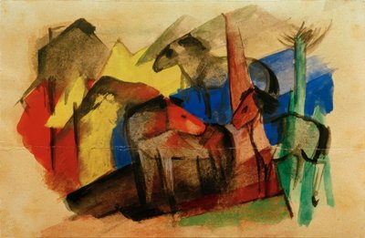 三匹马在风景与房子 作者 弗朗兹·马克（Franz Marc）