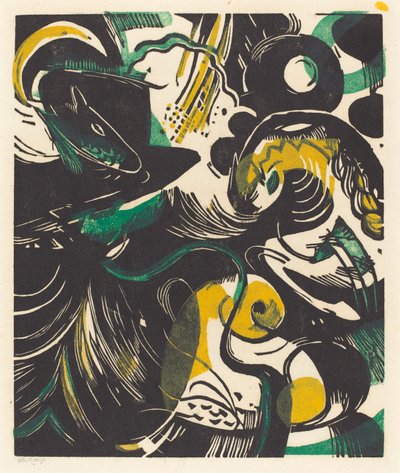 创世纪II（Schopfungsgeschichte II），1914年（木刻黄色，黑色和绿色） 作者 弗朗兹·马克（Franz Marc）