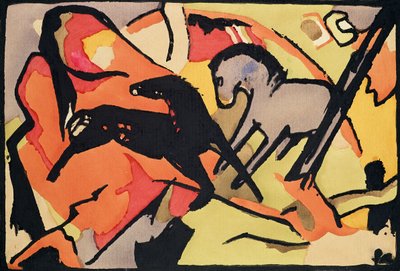 两匹马，191112（印度墨水和纸张上的wc） 作者 Franz Marc