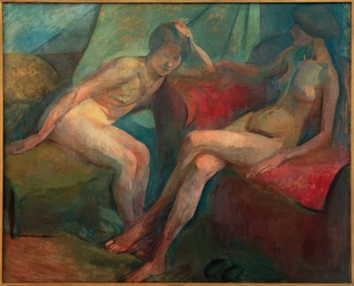 红色沙发上的两个裸体人 作者 Franz Nolken