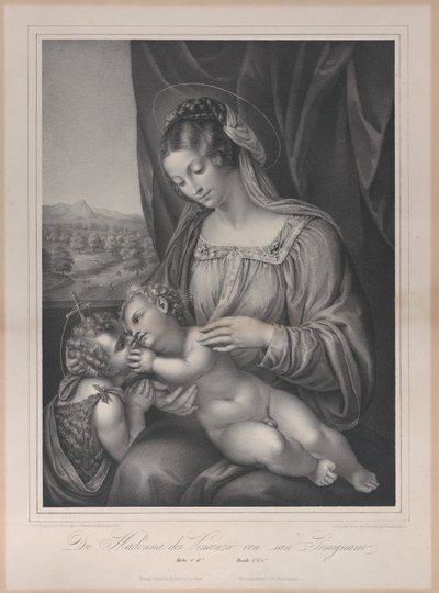 圣母和孩子与施洗者圣约翰的婴儿在一起，基督的孩子躺在...，1836年。 作者 弗朗茨·塞拉夫·汉夫斯坦格尔