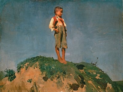 草坡上的牧童，约 1859 年（纸板油画） 作者 弗朗兹·塞拉夫·冯·伦巴赫