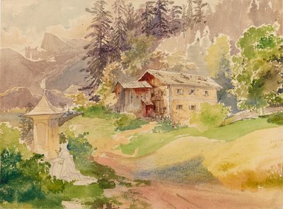 阿尔卑斯山风景，农舍和神龛前的妇女 作者 弗朗兹·斯坦菲尔德