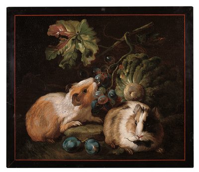 罗马微马赛克画板，描绘了两只吃白菜和葡萄的豚鼠，1800-25年 作者 Franz Werner von Tamm