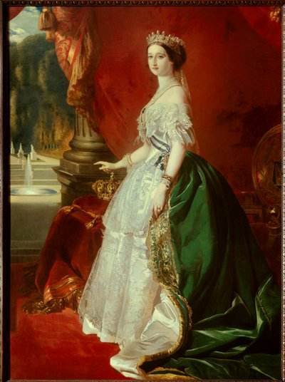 欧仁妮 (1826-1920) en robe de cour 长袍 绘画 Frans Xaver Winterhalter (1806-1873) 19 世纪私人收藏 - 尤金妮皇后 (1826-1920) 穿着短裙的全长肖像。 Franz Xaver Winterhal 之后的绘画 作者 弗朗茨·泽维尔·温特哈尔特（之后）