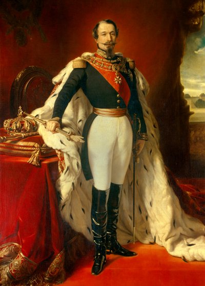 Portrait of Napoleon III (1808-1873), Emperor of the French in front of a view of the Chateau de Saint Cloud. Painting by Franz Xaver Winterhalter (1806-1873) 1855 Sun. 2,4x1,5 m 作者 弗朗茨·泽维尔·温特哈尔特（之后）