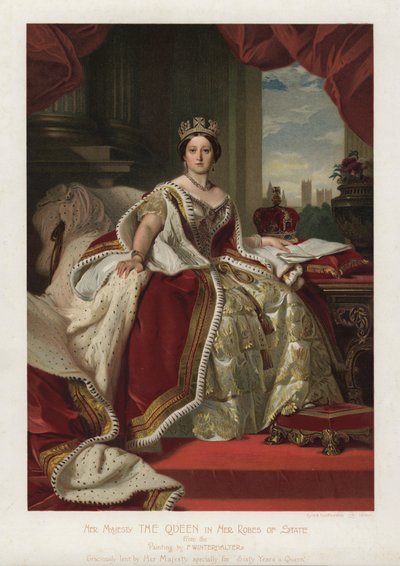 维多利亚女王身着国袍（彩色平版印刷）。 作者 弗朗茨·泽维尔·温特哈尔特（之后）