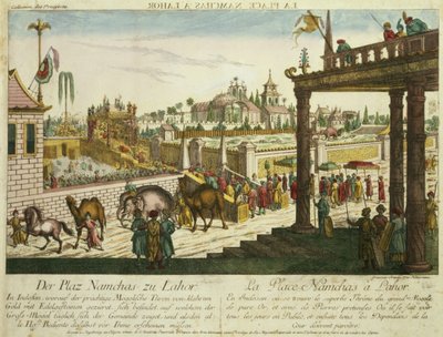 拉合尔的Namchas Place，展示巴基斯坦大人物的金色宝座（aquatint） 作者 弗朗兹·泽维尔·哈伯曼