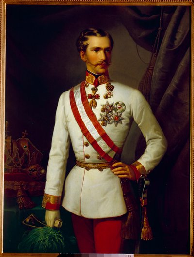 奥地利的弗朗索瓦·约瑟夫 (Francois Joseph) 的肖像，当时 28 岁，身着礼仪制服（1830-1916 年）。 弗朗索瓦·泽维尔·温特哈尔特 (1806-1873) 的绘画 作者 弗朗茨泽维尔温特哈尔特