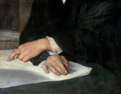 建筑师卡尔-贝克穆勒（1800-1879）的肖像，飞机上交叉的手的细节。其中一只手拿着康帕斯。弗朗茨-夏弗-温特哈尔特（1806-1873）的画作 Ec.所有。 作者 弗朗茨泽维尔温特哈尔特