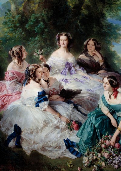 1855 年的 Impress Eugenie (1826-1920) 围绕着细节宫的贵妇们，分别代表埃斯林公主、石头男爵夫人、Lezay-Marnesia 子爵夫人、白衣皇帝和蒙特贝罗侯爵夫人 这 作者 弗朗茨泽维尔温特哈尔特
