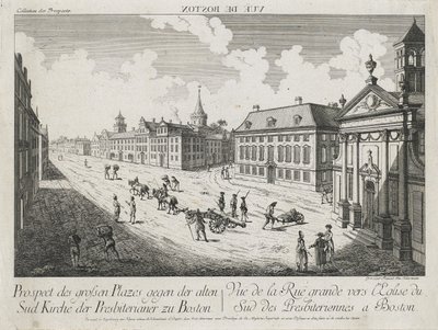 波士顿大道（Vue d&39;Optique）-大广场前景（Prospect des Grossen Plazes gegen der Alten Sud Kirche der Presbiterianer zu Boston）（朝向波士顿老南长老教会的大广场的光学视图-视图），c。 1776年（蚀刻和雕刻，在普通纸上未着色） 作者 弗朗兹·泽维尔·哈伯曼（Franz Xavier Habermann）
