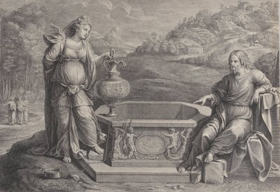 坐在右边的基督和站在左边的撒玛利亚的女人，约1729年。 作者 弗雷德里克·霍尔瑟梅尔