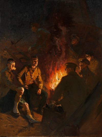 前线某处，士兵们夜间围坐在营火旁，西线 作者 弗雷德·罗