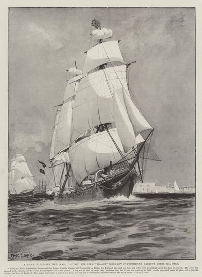老海洋生活，HMS Active和HMS Volage仅在Sail下从朴茨茅斯港出来 作者 Fred T. Jane